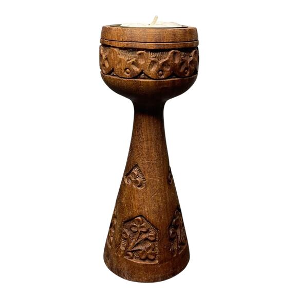Hand-Carved Wooden Tea Light Candle Holder Floral Design Signed Made in India - Picture 3 of 9